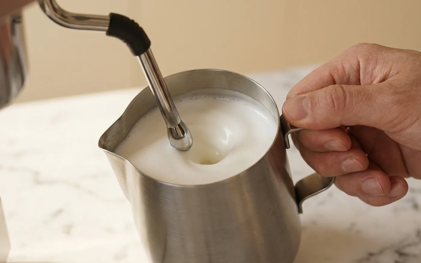 Steam wand from Rocket R58 texturing milk in a stainless steel pitcher
