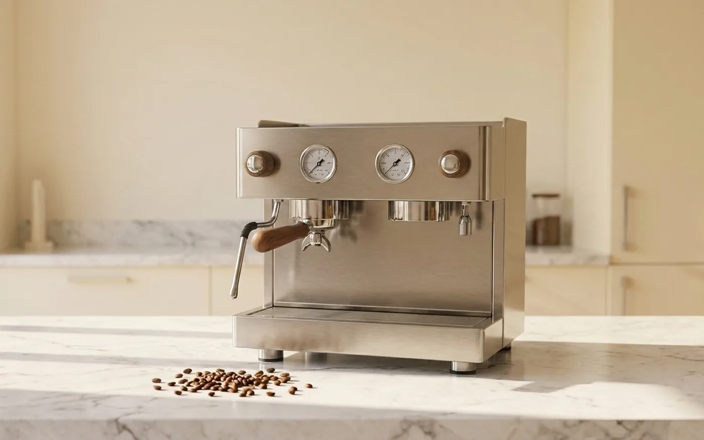 Rocket R58 Cinquantotto dual boiler espresso machine on white marble counter with coffee beans