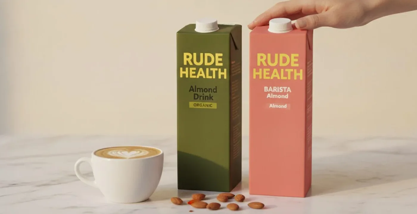 Rude Health Almond Drink carton on a kitchen counter