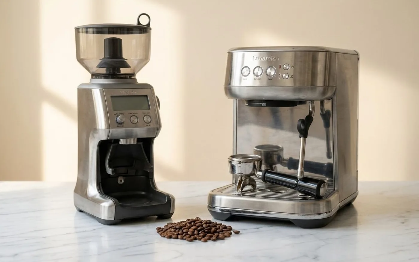 Coffee grinder alongside compact espresso machine on white marble counter with scattered coffee beans