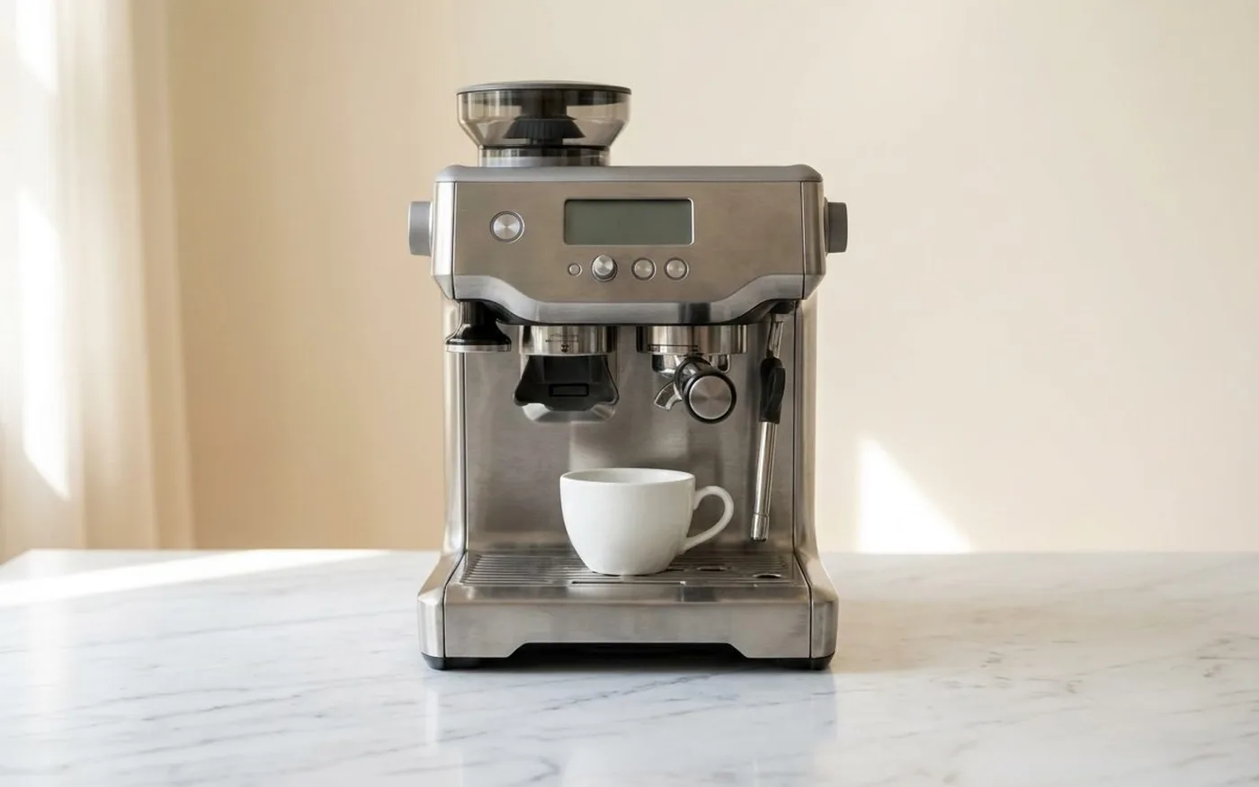 Compact espresso machine on white marble kitchen counter with white ceramic cup
