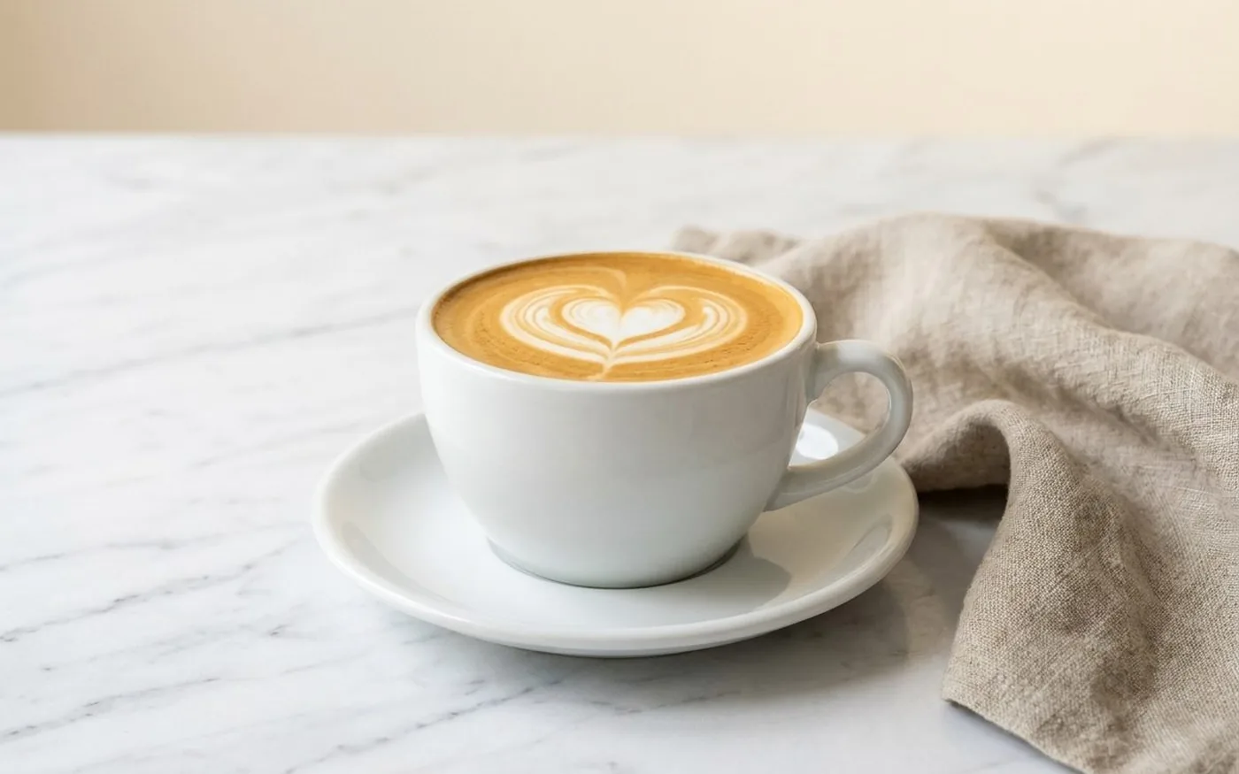 Perfect flat white with latte art heart pattern in white ceramic cup on marble