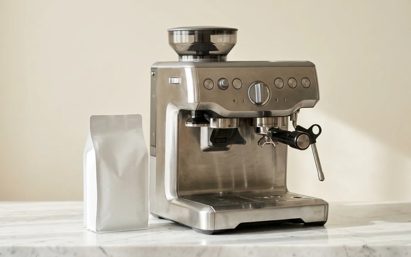 Sage Barista Express Impress full machine view stainless steel on counter