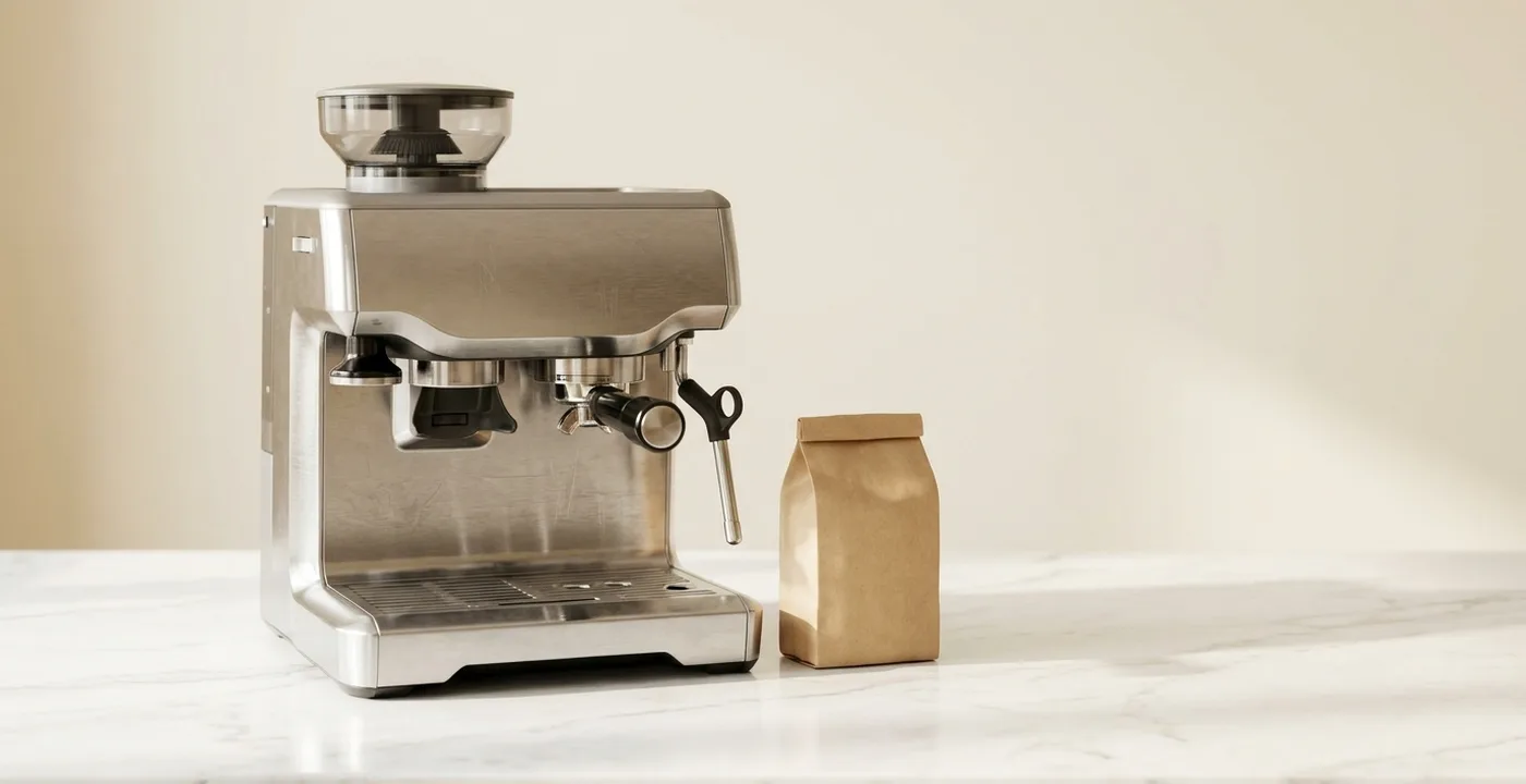 Sage Barista Express Impress espresso machine on kitchen counter