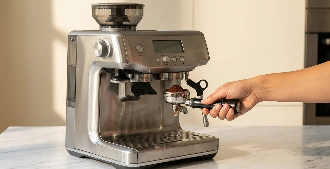 Sage Barista Express espresso machine on a kitchen counter