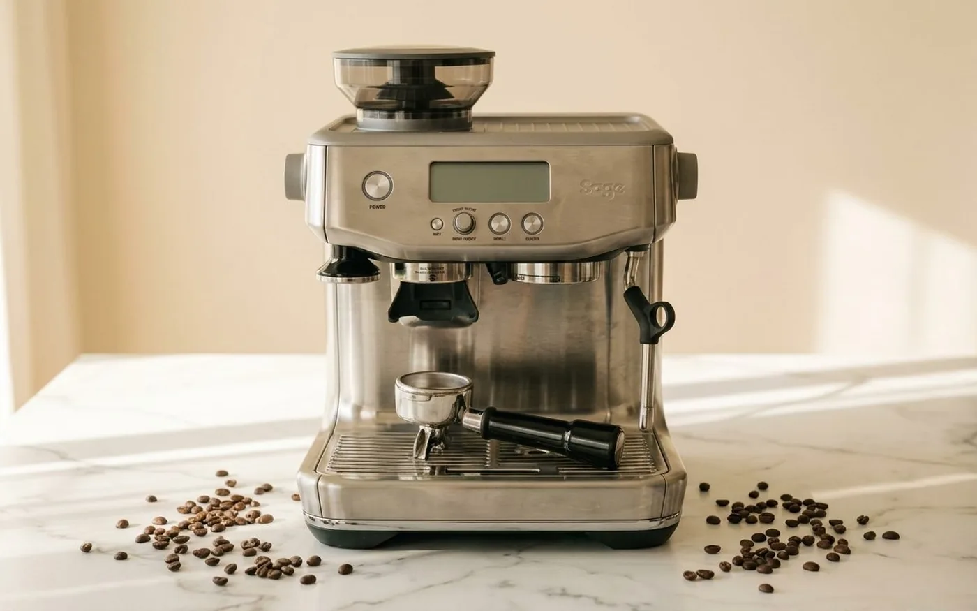 Sage Barista Pro SES878 showing full machine height with integrated grinder bean hopper on top and portafilter at base