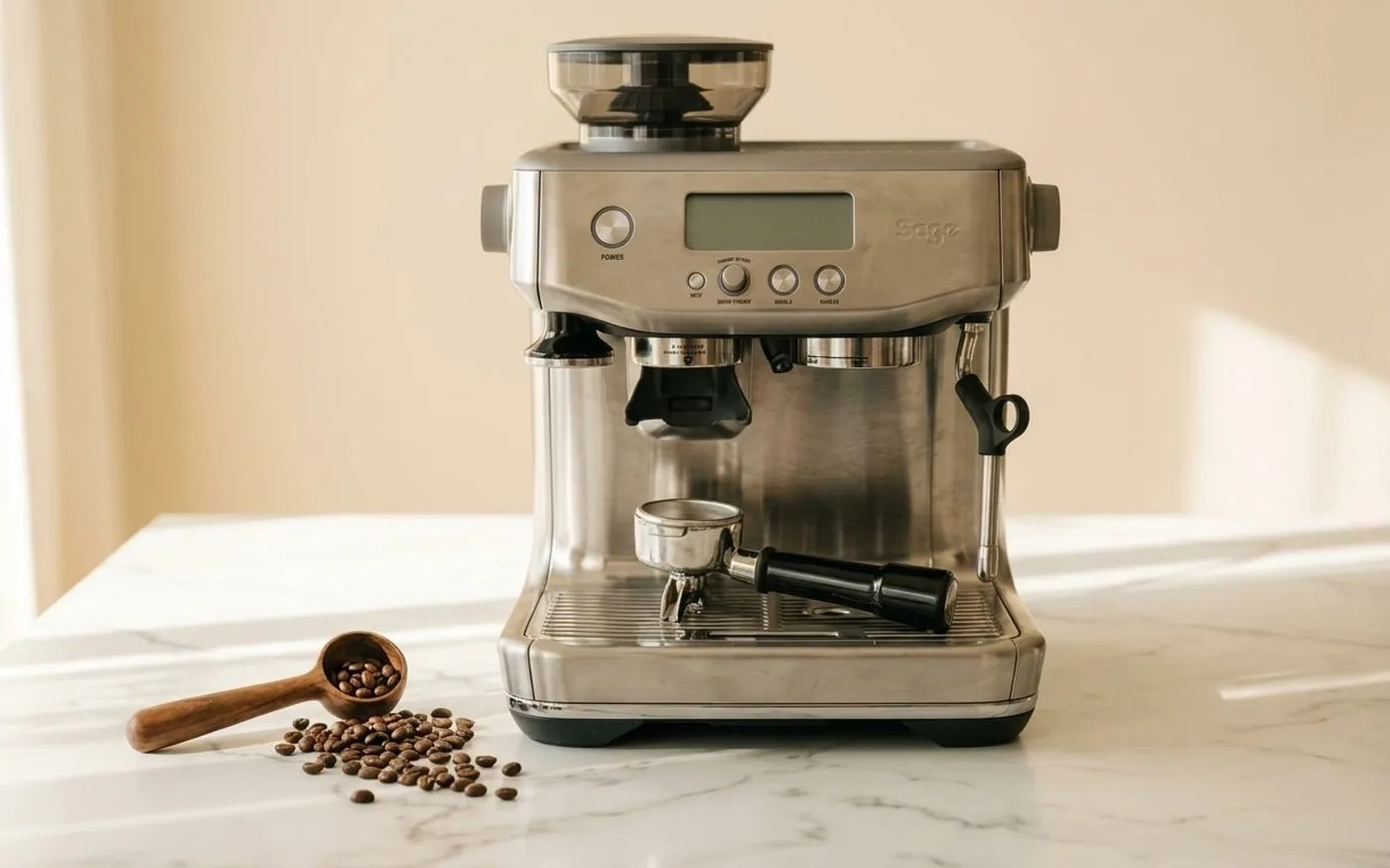 Sage Barista Pro SES878 espresso machine on white marble kitchen counter with whole coffee beans and wooden scoop