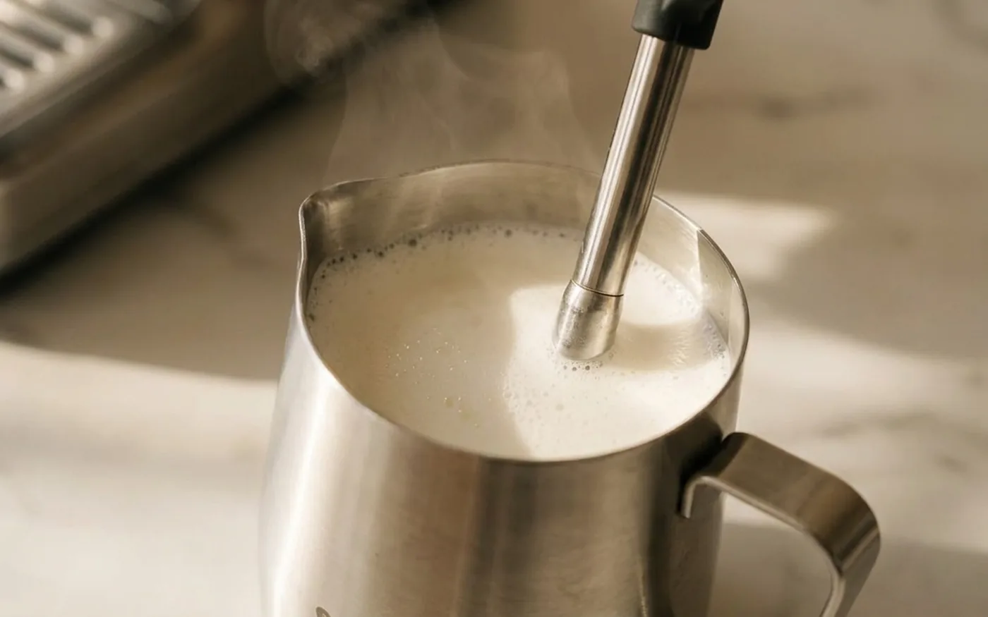 AutoMilk steam wand on the Sage Barista Touch Impress texturing milk in a stainless steel jug