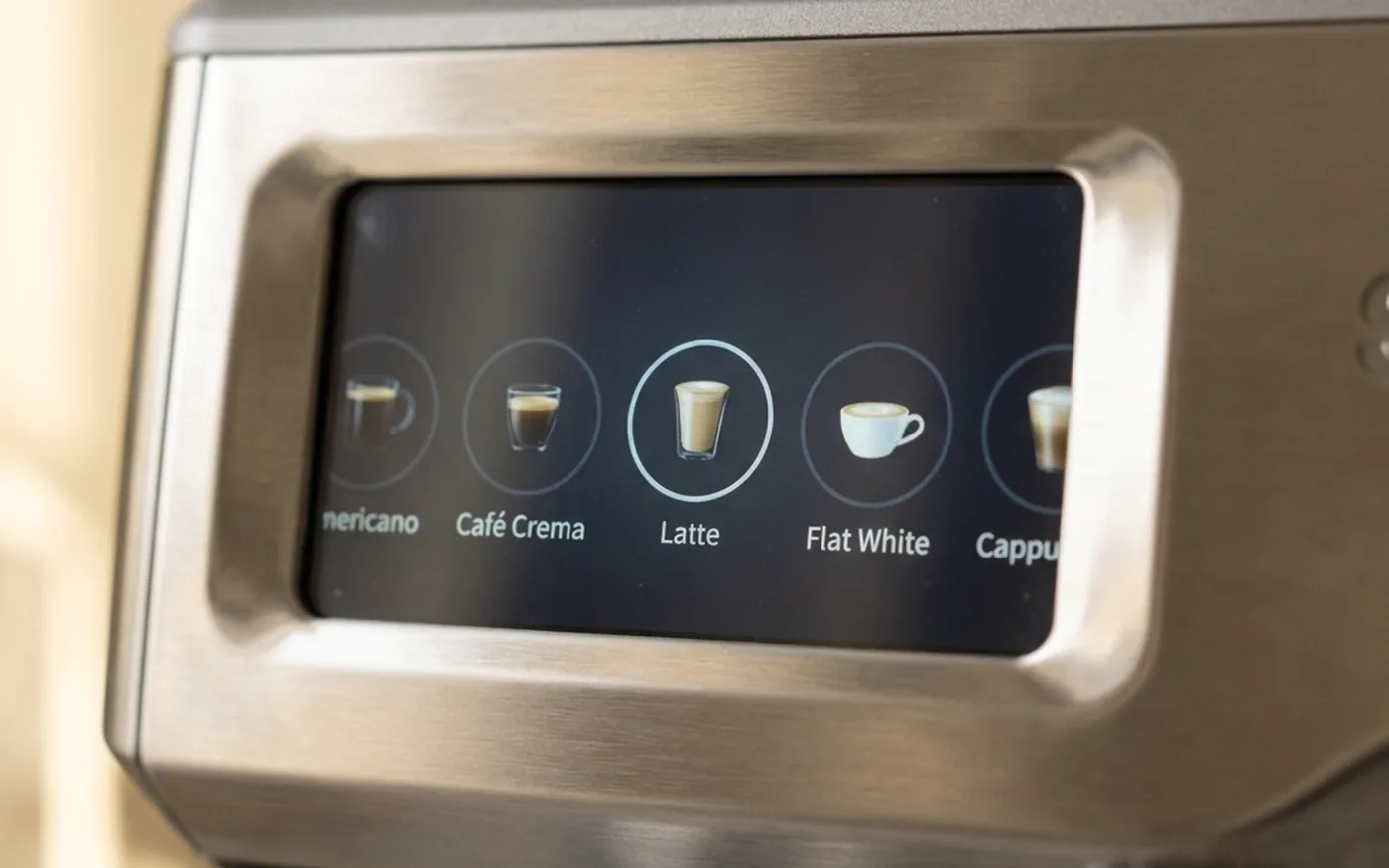 Sage Barista Touch Impress touchscreen interface showing drink profile selection menu
