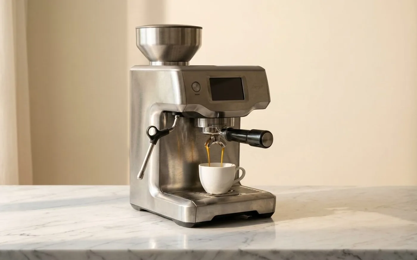 Espresso extraction on the Sage Barista Touch - dark espresso with crema into white ceramic cup