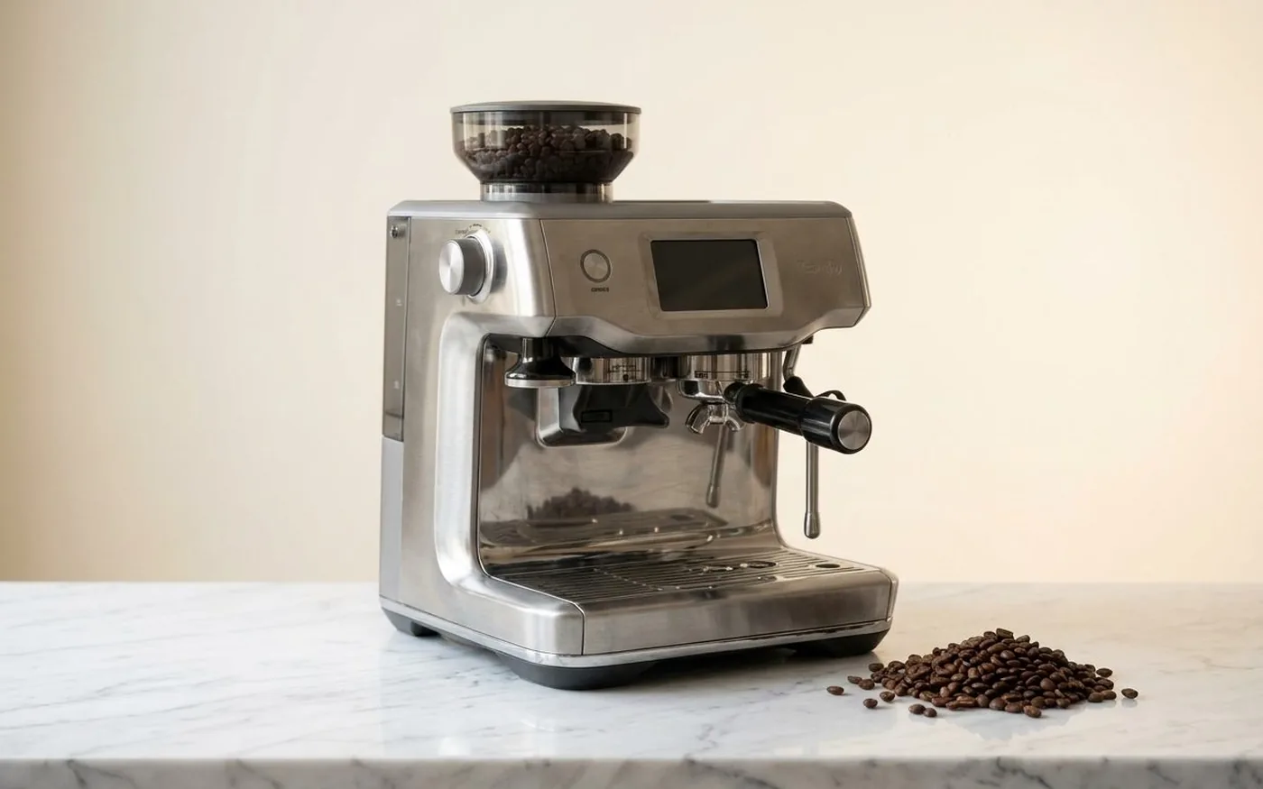 Sage Barista Touch integrated grinder close-up showing portafilter and numbered grind settings dial