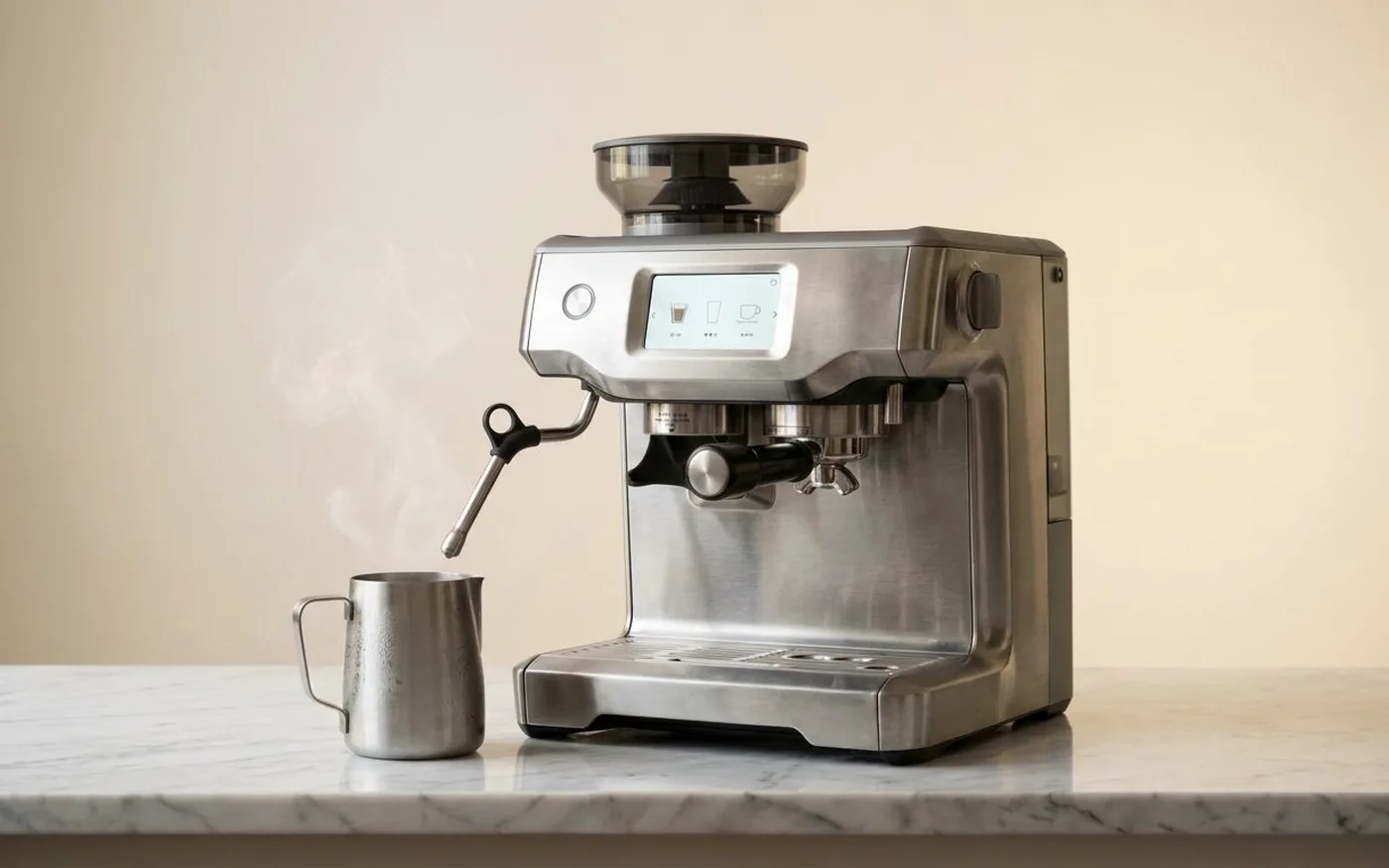 Automatic steam wand texturing milk in a silver jug on the Sage Barista Touch