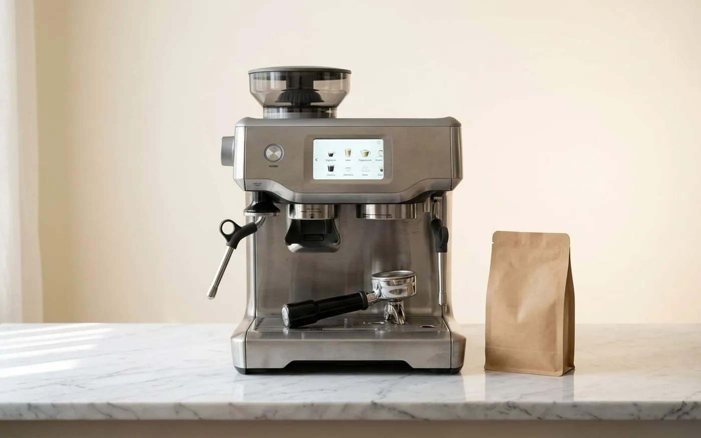 Sage Barista Touch espresso machine front view showing full footprint on kitchen counter