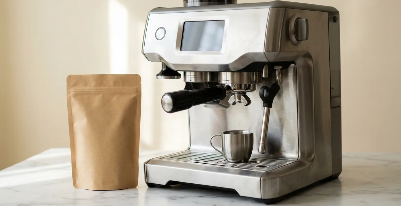 Sage Barista Touch espresso machine with coffee bean bag on a white marble countertop