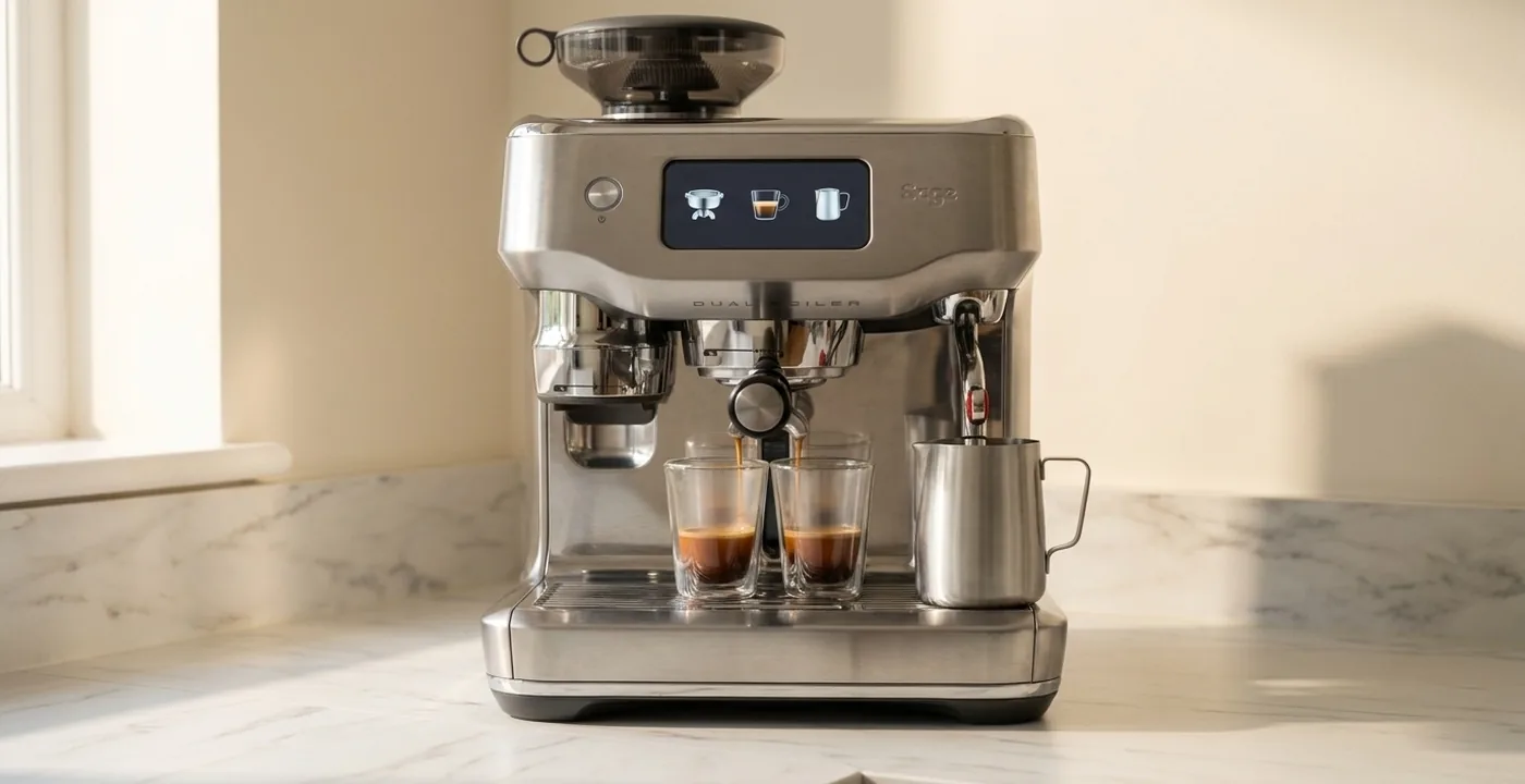 Sage Oracle Dual Boiler espresso machine with built-in Baratza grinder on a kitchen counter