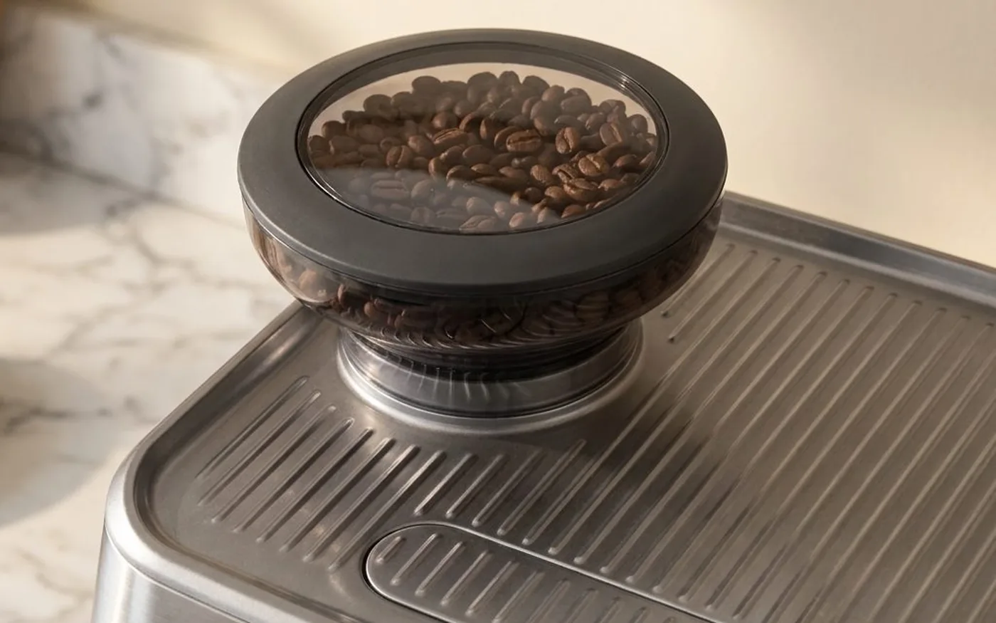 Sage Oracle Jet integrated conical burr grinder bean hopper close-up