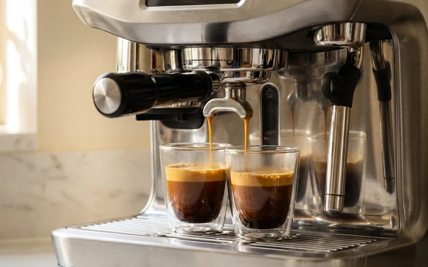 Sage Oracle Jet extracting espresso into double-wall glass cups with golden crema