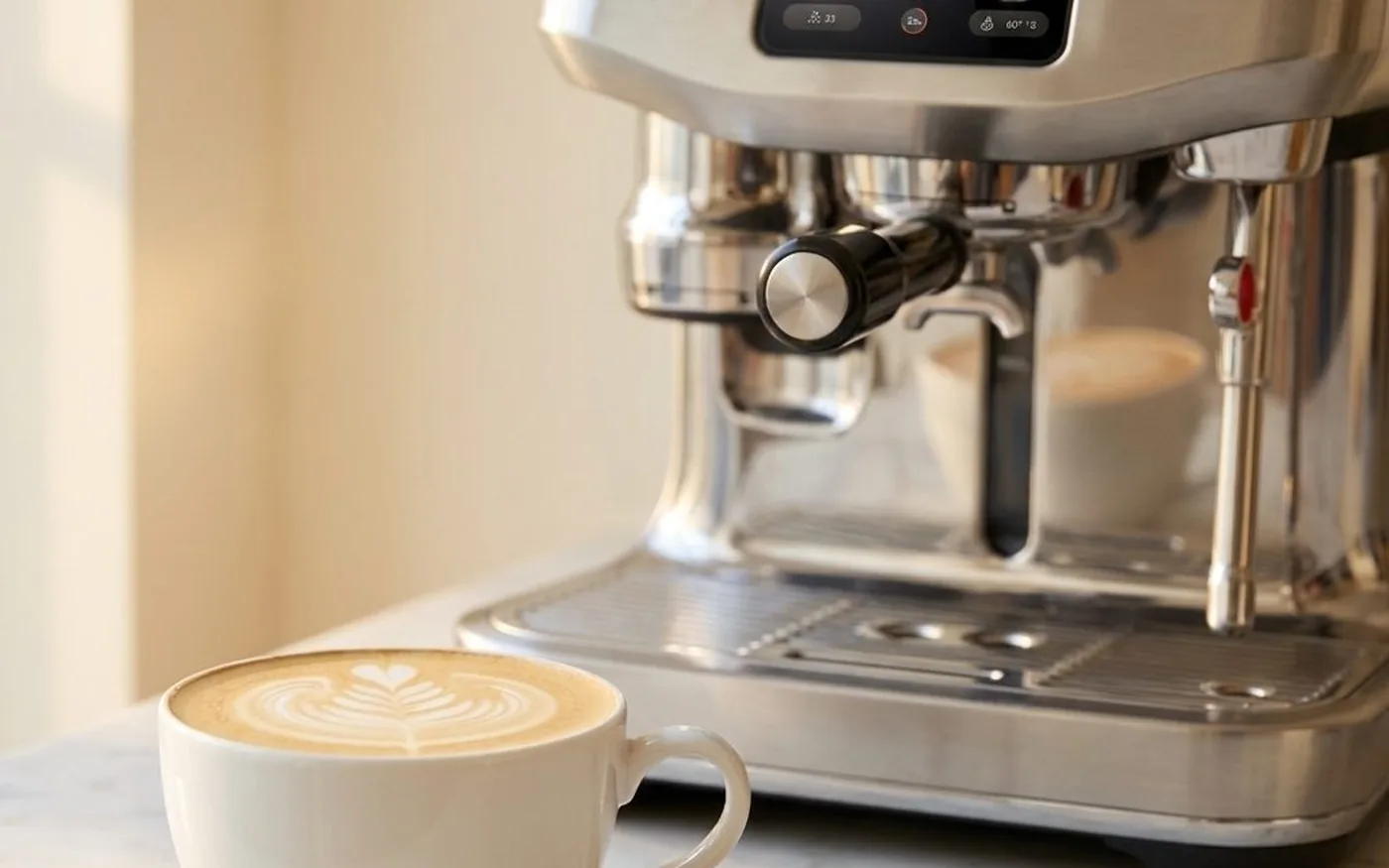 Finished flat white with latte art made by Sage Oracle Jet on marble counter