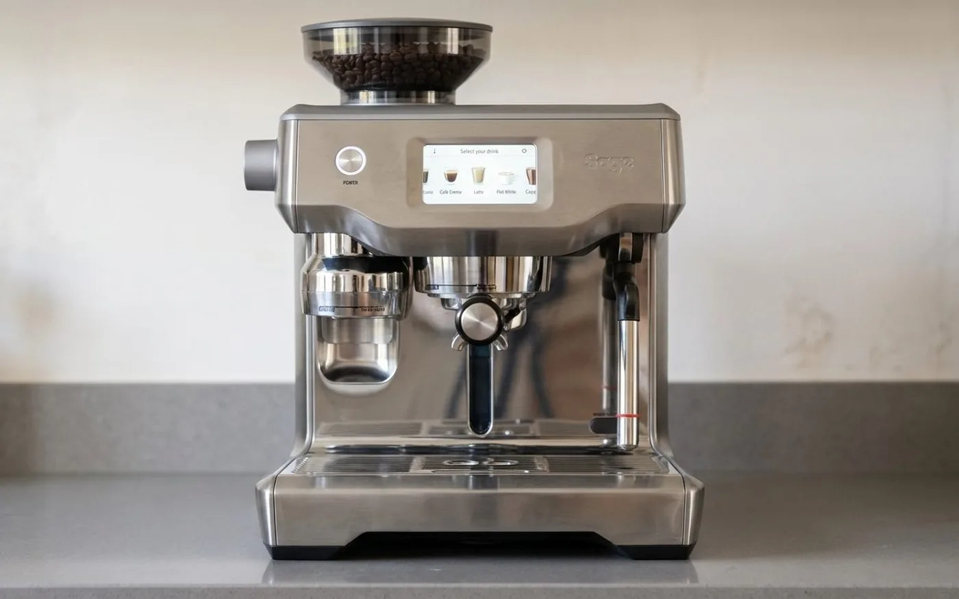 The Sage Oracle Touch espresso machine front-on view showing the full footprint and touchscreen interface