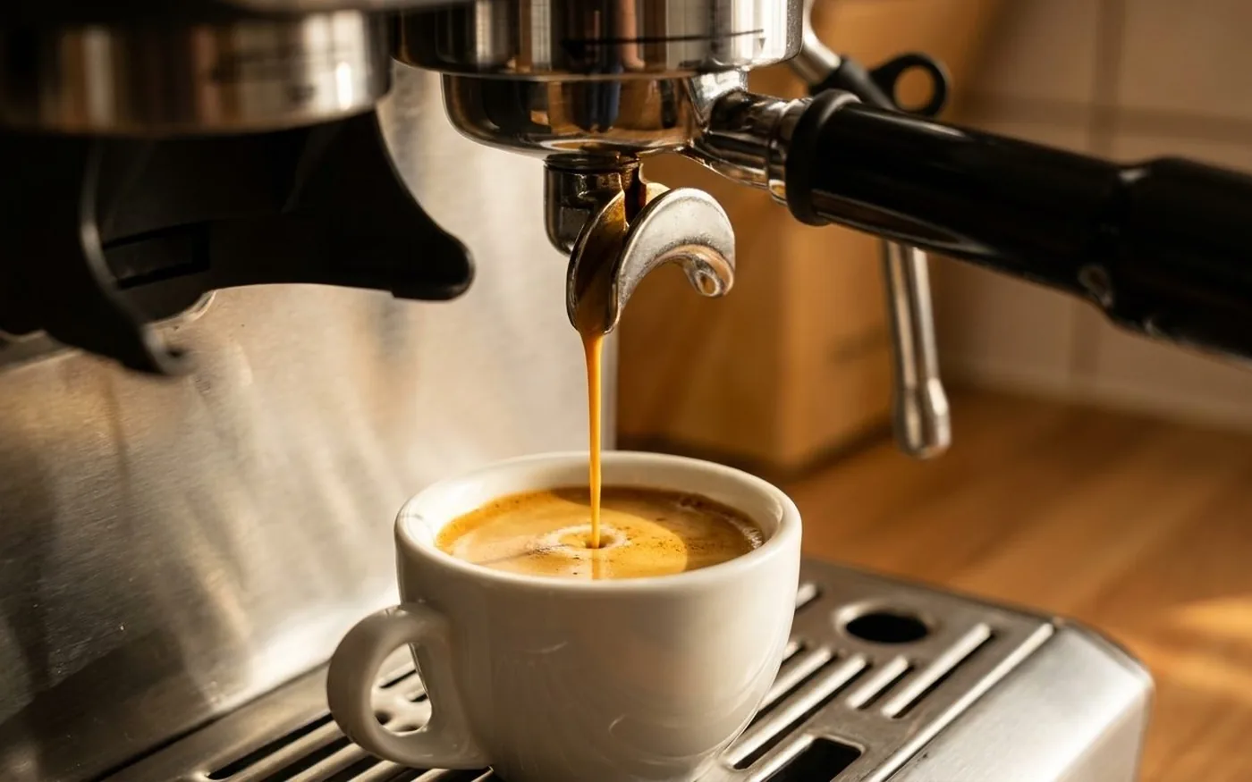 Dark espresso extracting from the Sage Oracle Touch portafilter into a white demitasse cup with crema forming