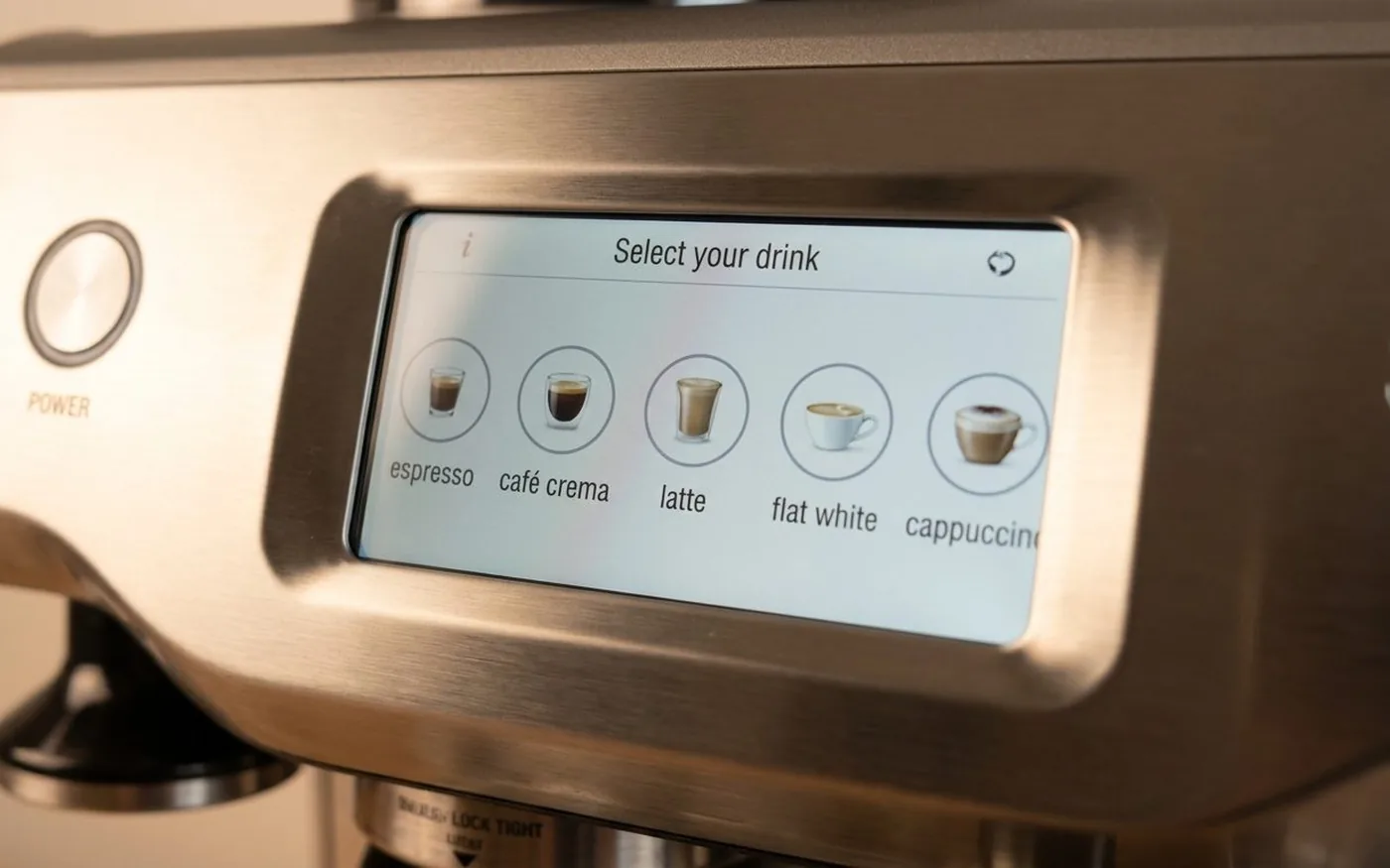 Sage Oracle Touch 2.4-inch TFT touchscreen showing the drink profile selection interface with espresso drink options