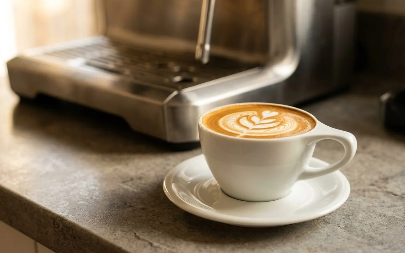 A finished flat white with latte art in a white ceramic cup on a grey stone counter, Sage Oracle Touch in the background
