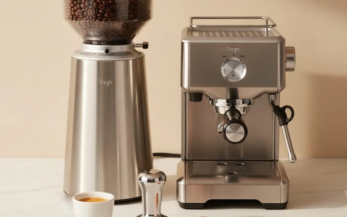 Home espresso counter setup with coffee grinder and espresso machine on white marble