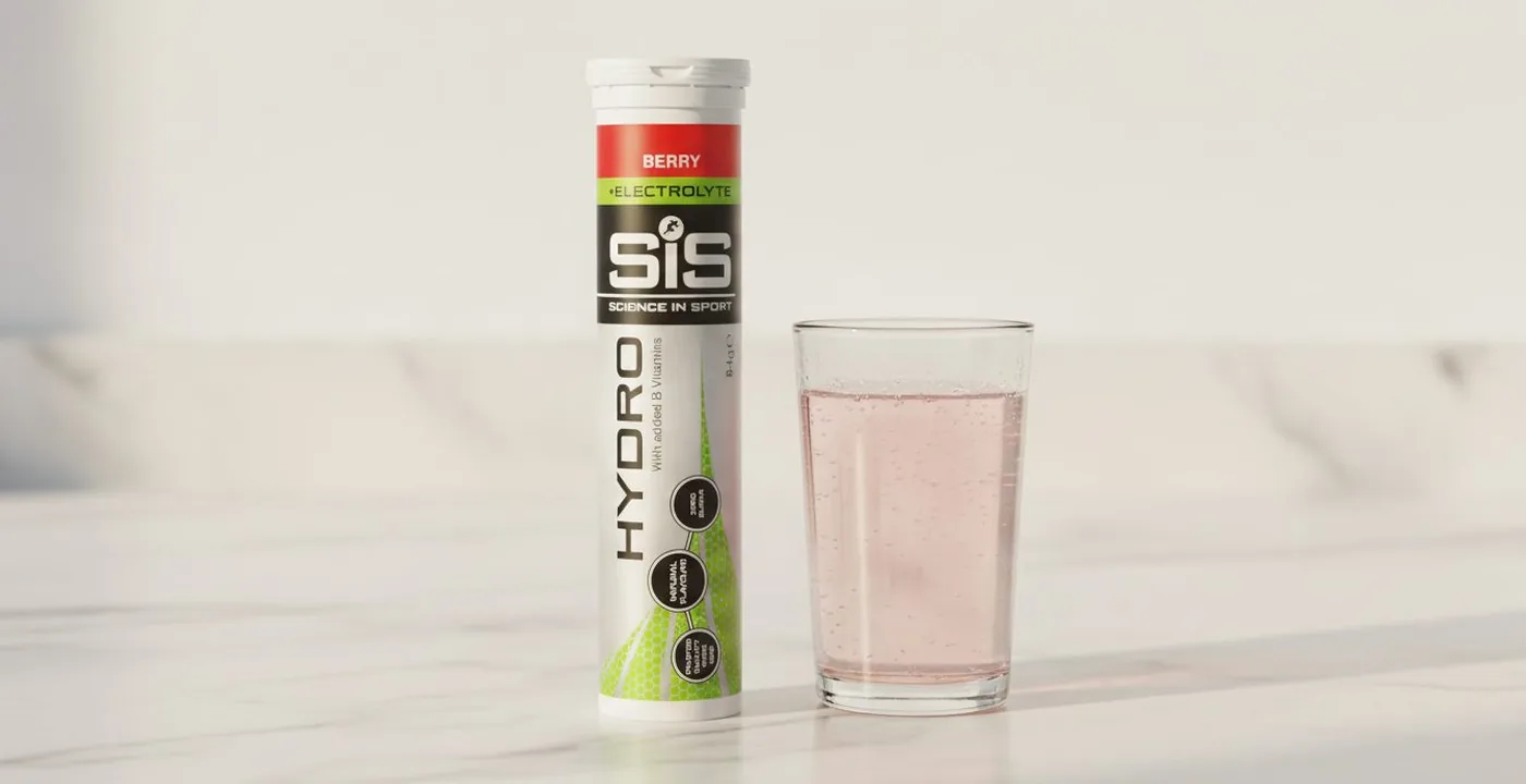 SiS GO Hydro electrolyte tablets with tube and glass of water on clean white surface