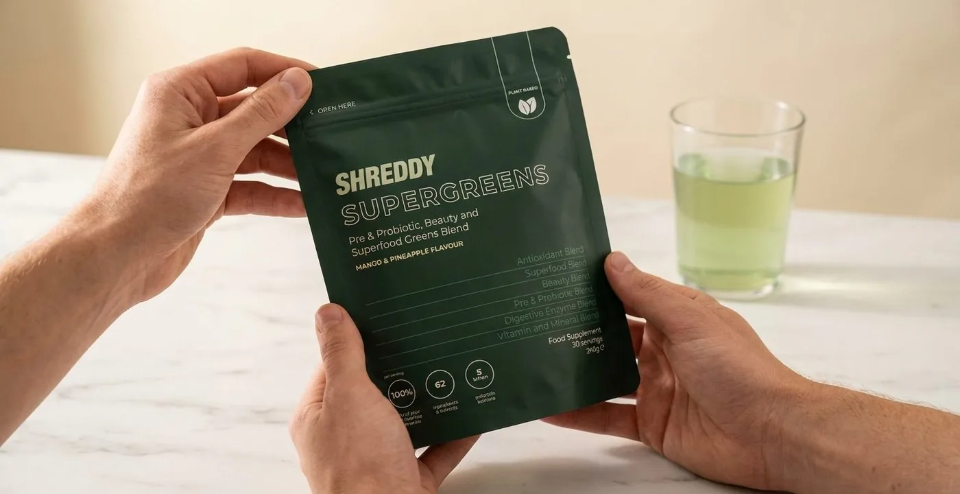 Shreddy SuperGreens mango pineapple flavour pouch on a white marble surface