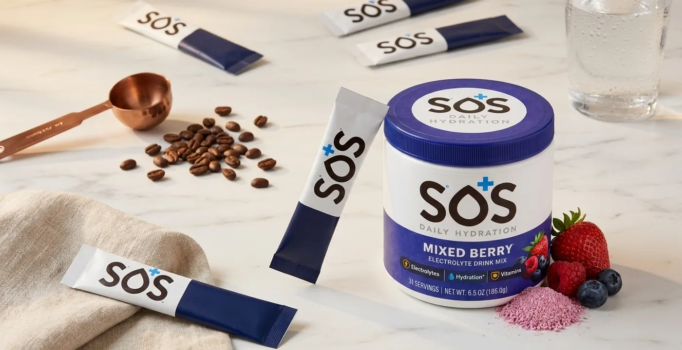SOS Hydration electrolyte sachets and tub, Daily Hydration range UK