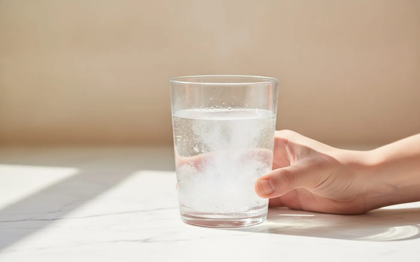 Electrolyte powder dissolving in a glass of water on a white marble surface