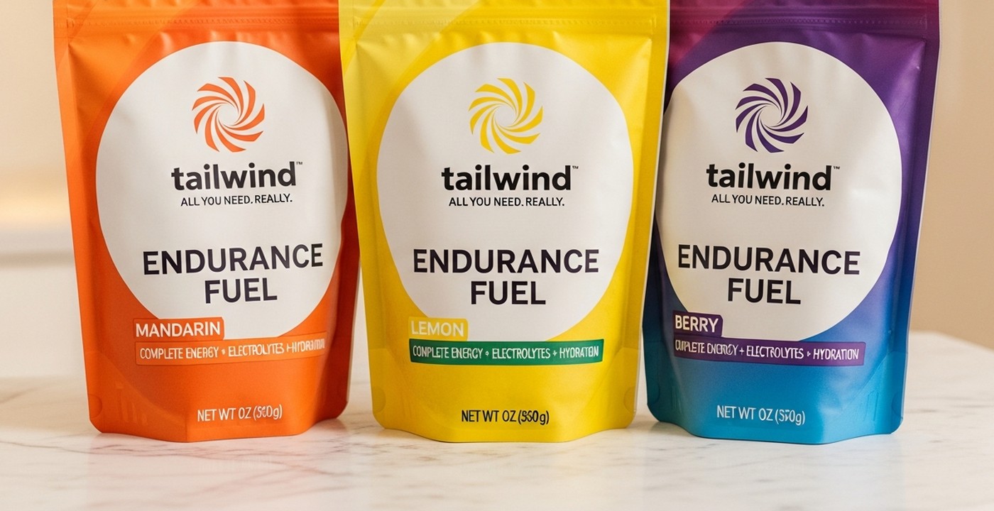 Tailwind Nutrition Endurance Fuel powder and bottle against a running trail background