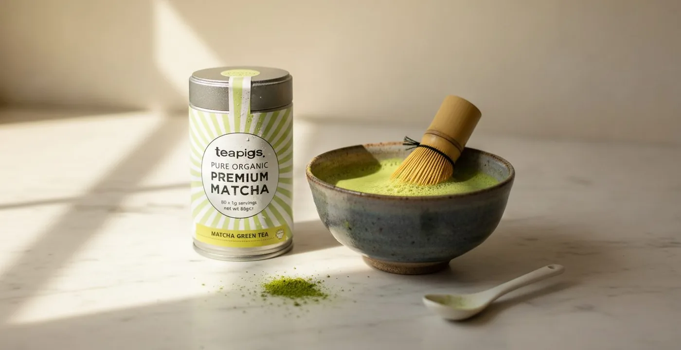 teapigs Premium Organic Matcha tin with prepared matcha latte