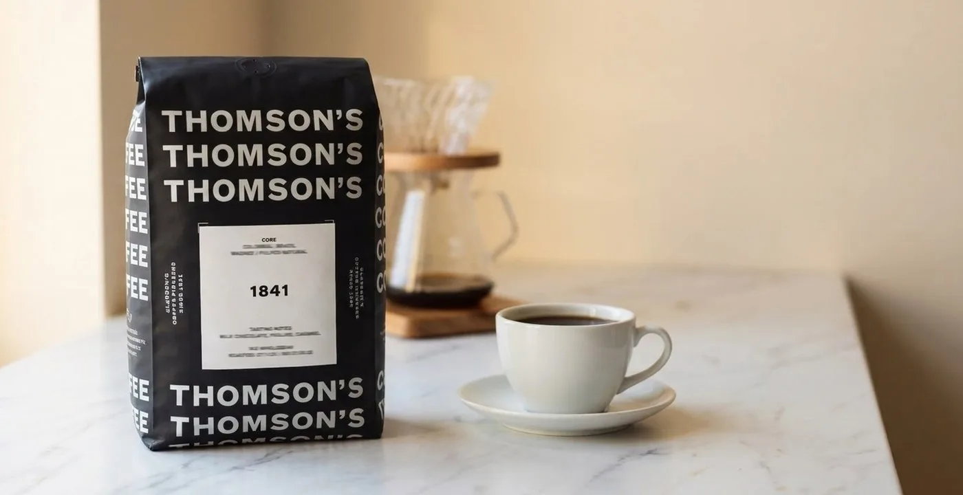 Thomson's Coffee beans on rustic wooden surface showcasing specialty roasted coffee for coffee review