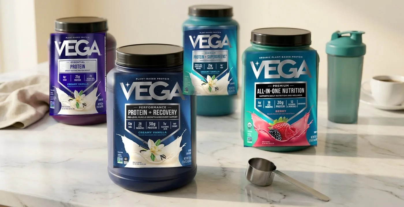 Vega Sport protein powder tubs and a shaker cup on a white surface