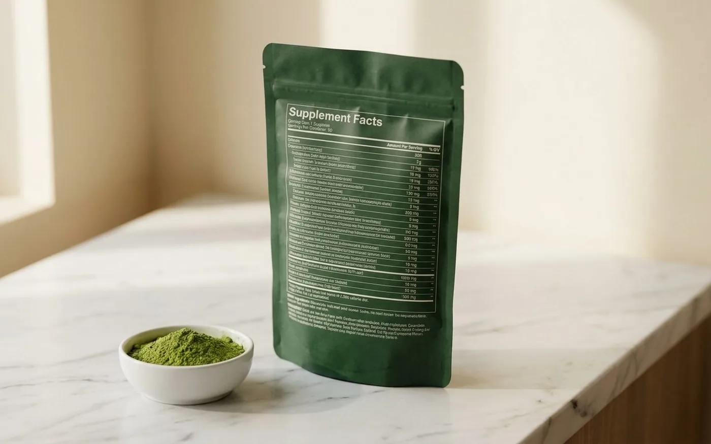 Verve V80 supplement pouch on marble with ingredient label and green powder bowl