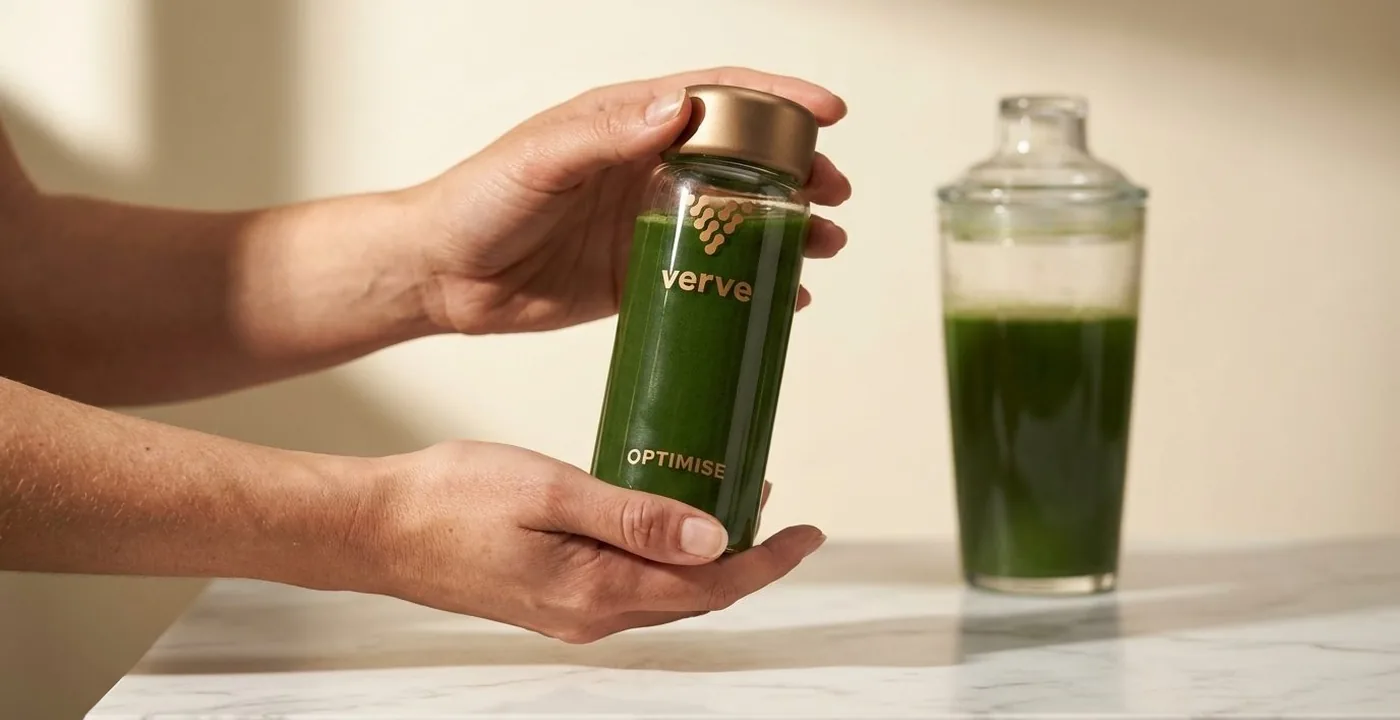 Verve V80 greens powder pouch on a white marble countertop