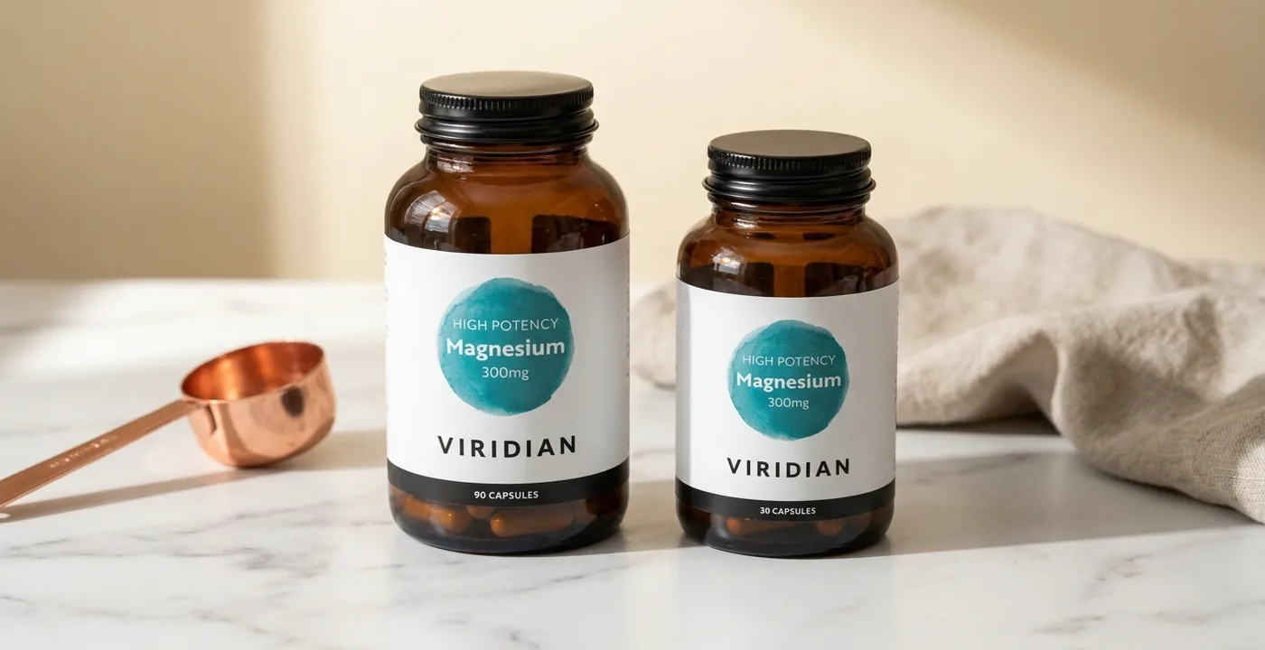 Viridian High Potency Magnesium supplement bottles on a clean white surface