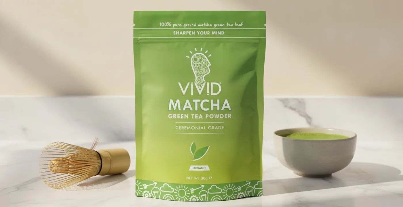 Vivid organic matcha powder pouch on a ceramic surface with a bamboo whisk