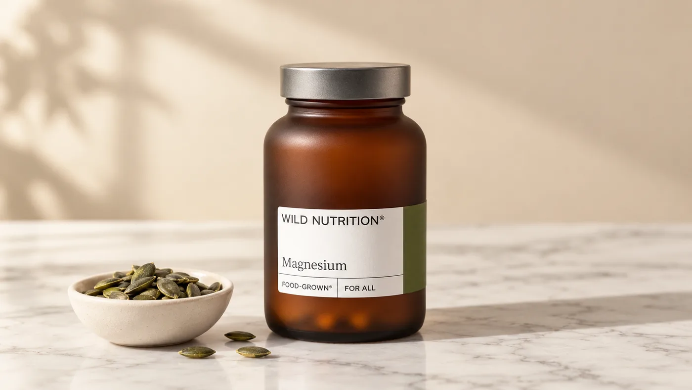 Wild Nutrition Food-Grown Magnesium amber glass jar with dark grey metal lid and white label beside a small bowl of pumpkin seeds on white marble