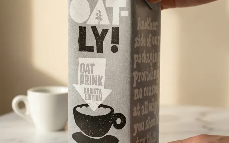 Oatly Barista Edition oat milk carton on a white marble kitchen surface