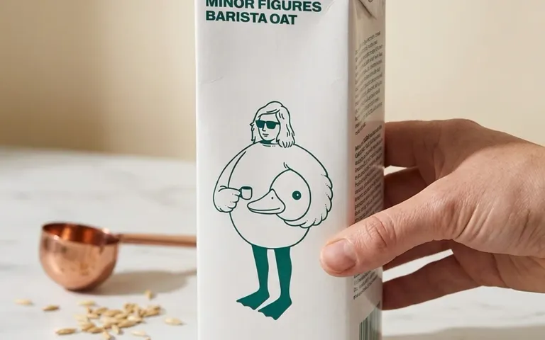 Minor Figures Organic oat milk carton next to a poured latte in a double-wall glass