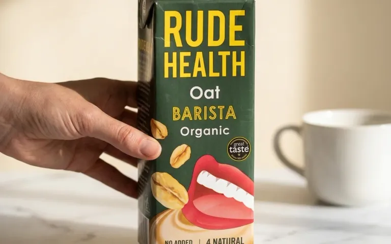 Rude Health Barista oat milk carton against a neutral light background