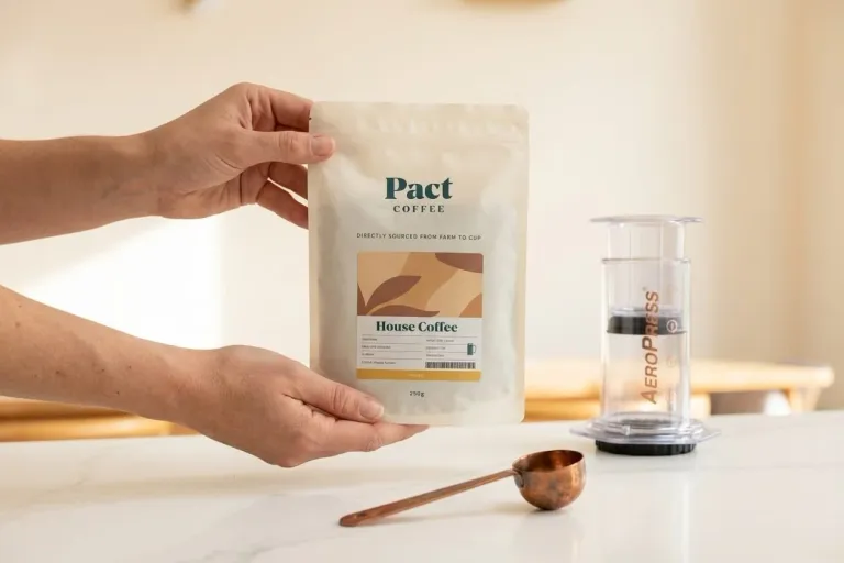 Pact Coffee House Coffee 250g bag held beside an AeroPress and copper scoop