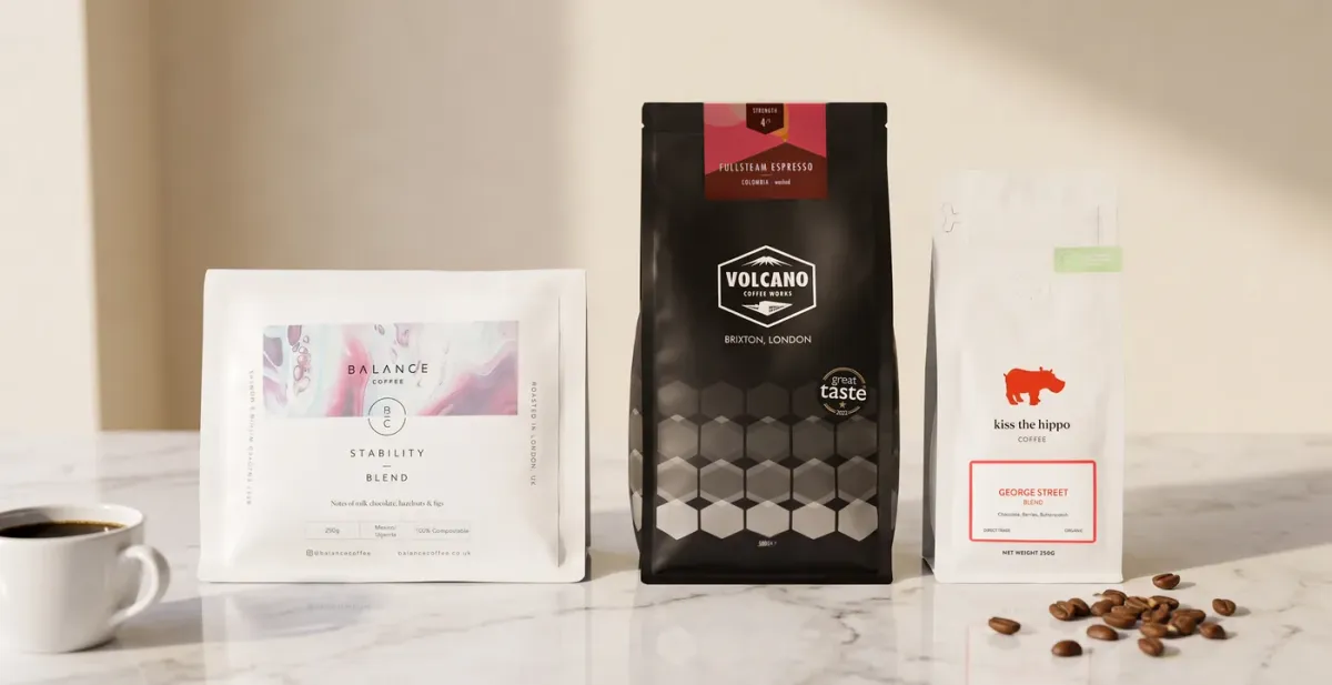 Balance Coffee Stability Blend, Volcano Coffee Works Fullsteam Espresso and Kiss the Hippo George Street Blend bags side by side - the top three ranked coffee subscriptions in the UK