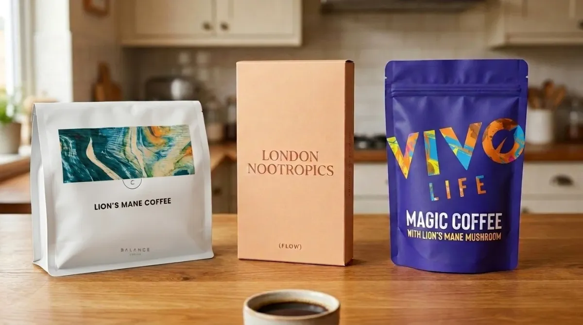 Three Lion's Mane mushroom coffees on an oak kitchen counter: Balance Coffee Lion's Mane Coffee, London Nootropics Flow and Vivo Life Magic Coffee