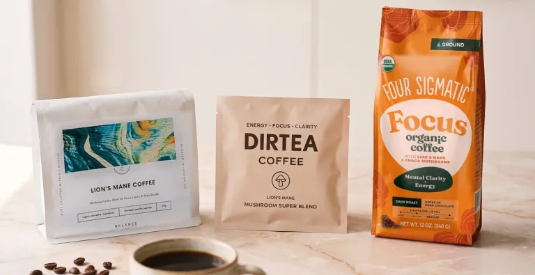 The three top-ranked mushroom coffees from the Balance Journal ranking, side by side