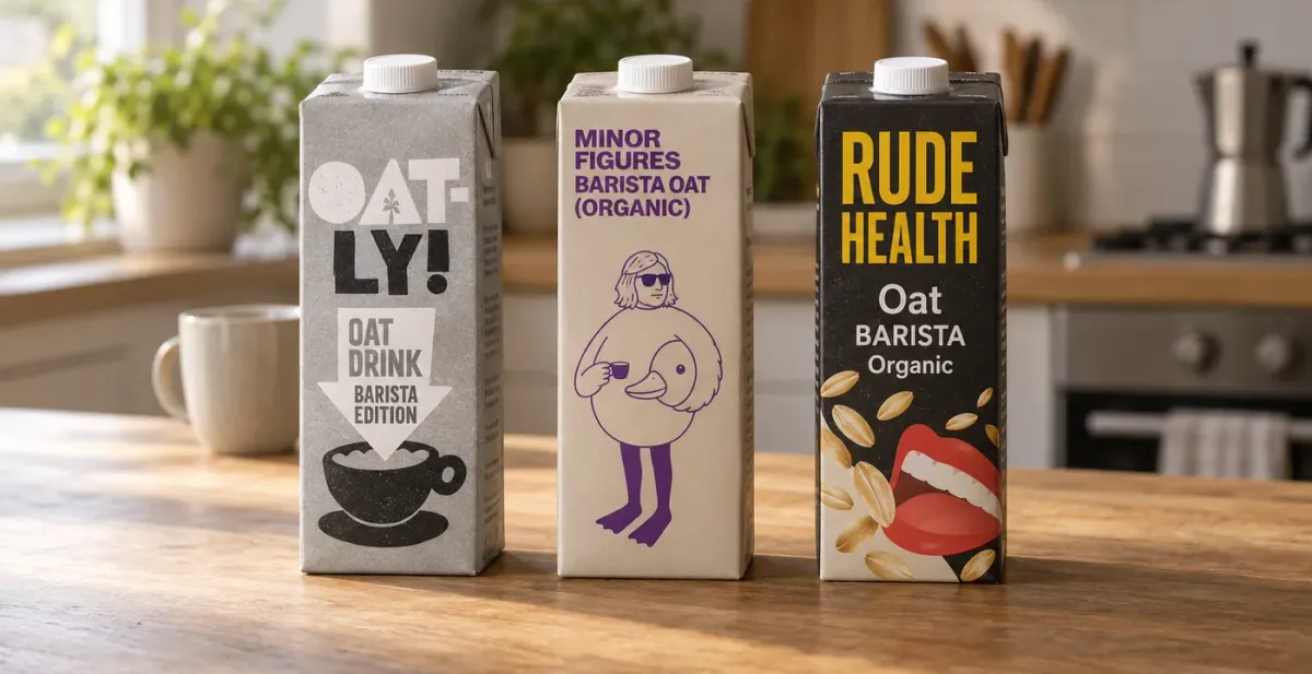 Three oat milk cartons for coffee on a wooden kitchen counter: Oatly Barista Edition, Minor Figures Organic Barista Oat and Rude Health Barista Organic Oat