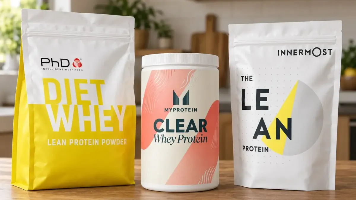PhD Diet Whey, Myprotein Clear Whey Isolate and Innermost The Lean Protein pouches lined up on an oak kitchen counter