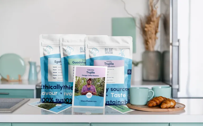 Blue Coffee Box subscription coffee bags with origin cards